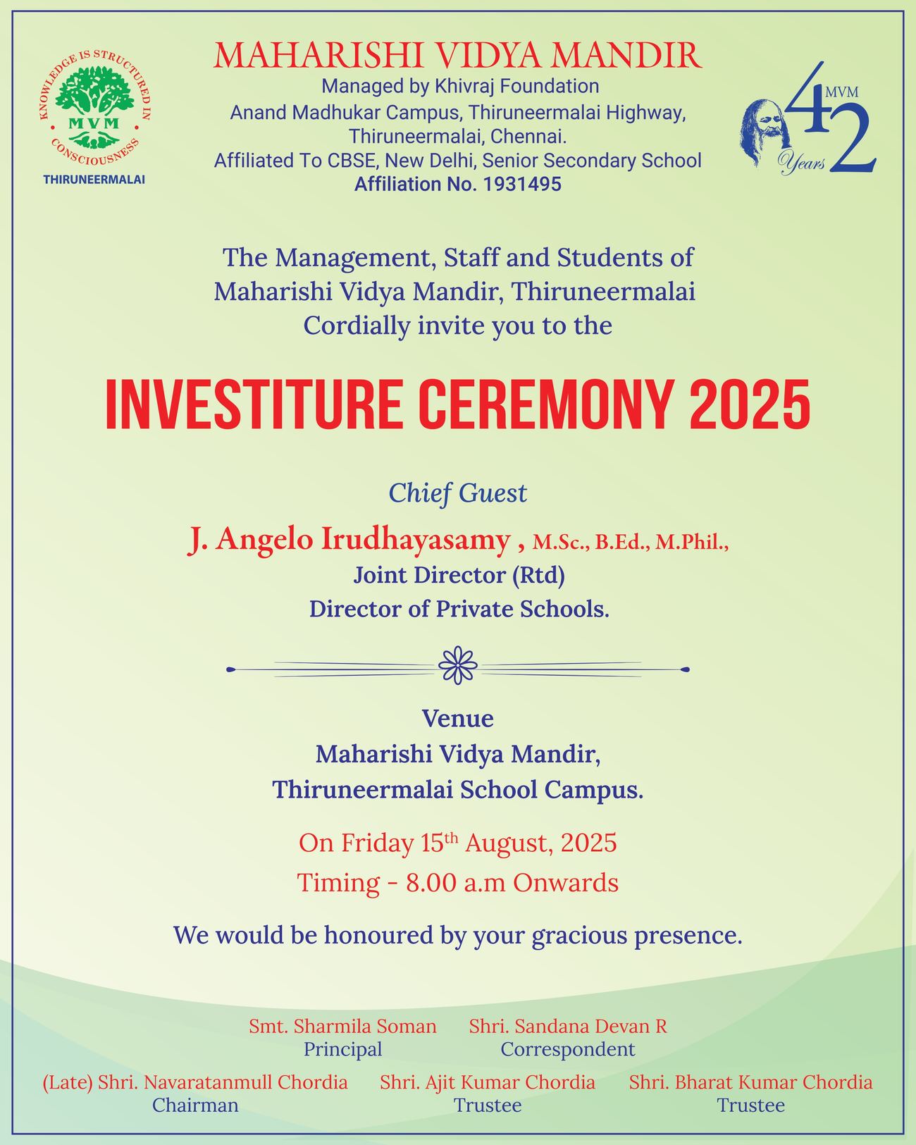 Maharishi Vidya Mandir, Thiruneermalai - Investiture Ceremony & Independence Day 2025-26